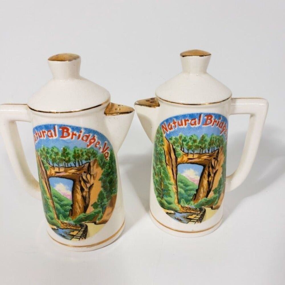 Vintage Salt Pepper Shakers Natural Bridge Virginia Ceramic Coffee Pots Corks